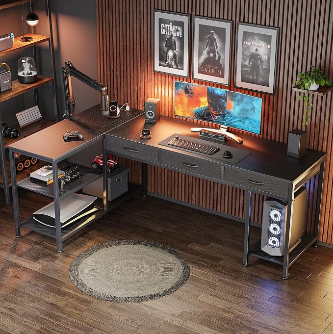 PRAISUN 63 Inch L Shaped Office Desk with Power Outlets and Type-C Port, Large Computer Gaming Desk with 3 Fabric Drawers, Mesh Shelves, Corner Study Work Writing Desk, Black