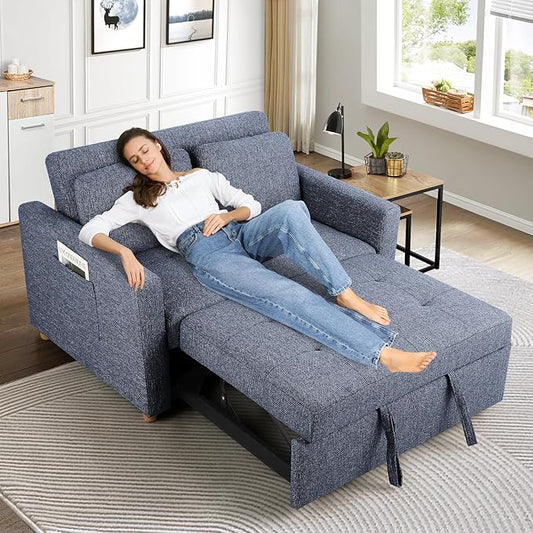 SEJOV Convertible Sofa Bed, 3-in-1 Sleeper Sofa Pull Out Couch Bed, 2-Seater Linen Fabric Loveseat Futon with Spring Support, Adjustable Backrest for Small Spaces, Living Room, Navy Blue