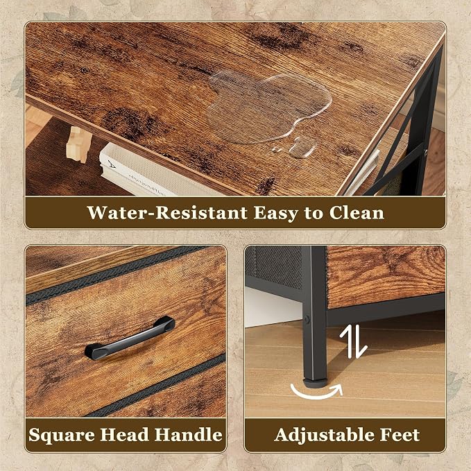 Huuger Nightstands Set of 2, Night Stand with Charger Station, 2 Drawer Side Table with Open Shelf, USB-C Port, End Table for Small Spaces, X Shaped Side Rail, Rustic Brown