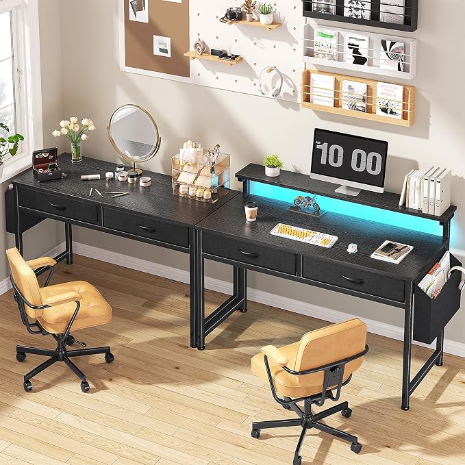 DurayLoly Gaming Desk with LED Lights & 2 Fabric Drawers, 39.4Inch Home Office Computer Desk with Side Pocket & Ergonomic Monitor Stand, Small Space Study Writing Table with Anti-Tip Design,Black