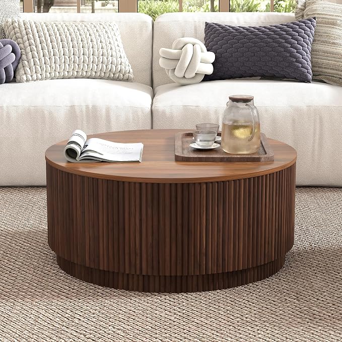 31.5" Round Coffee Table with Storage, Mid Century Modern Coffee Tables with Fluted Base, Wooden Circle Accent Center Table for Living Room Small Space Apartment Office (Walnut)