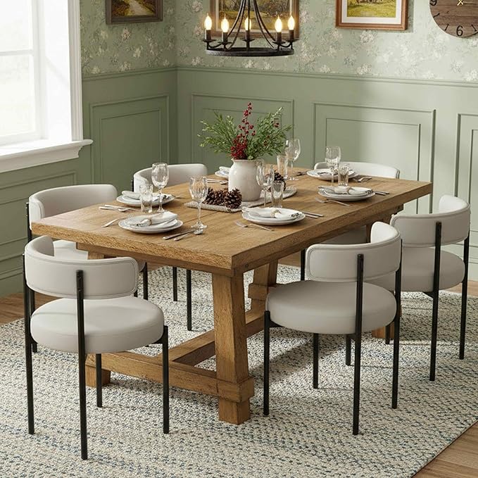 Faux Leather Dining Chairs Set of 4, Upholstered Kitchen and Dining Room Chairs, Mid-Century Modern Dining Chairs with Round Back and Black Metal Legs, Vegan Leather, Beige Grey