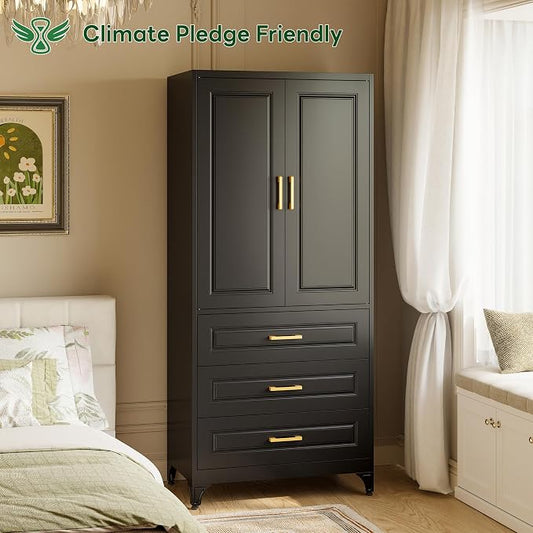 Metal Wardrobe Cabinets with 3 Drawers,Black Armoire Wardrobe Closet with Hanging Rod,Clothes Storage Cabinet with Adjustable Shelves and Doors,Clothing Cabinet for Bedroom,Laundry Room