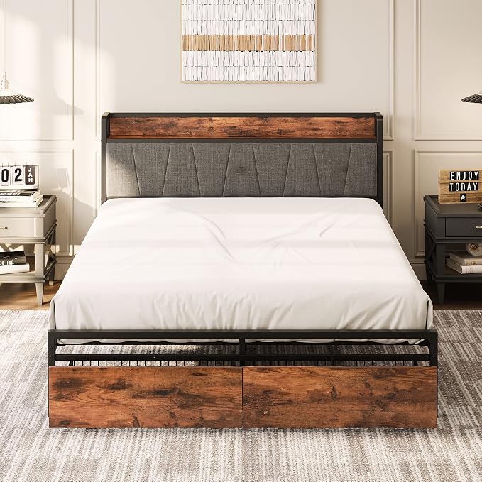LIKIMIO Queen Size Bed Frame with 2 Drawers and Charging Station | Platform Bed with Upholstered Storage Headboard, No Box Spring Needed, Easy Assembly, Sturdy, Vintage Brown and Gray