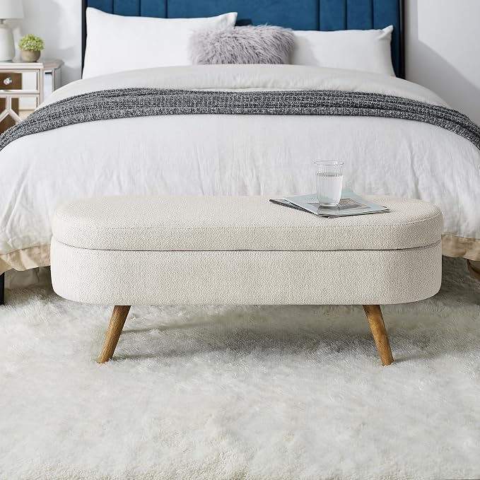 43.5" Ottoman with Storage, Storage Ottoman Bench with Safety Hinge, Linen End of Bed Bench, Upholstered Entryway Bench for Bedroom, Living Room & Window, Holds up to 330 lb, Beige