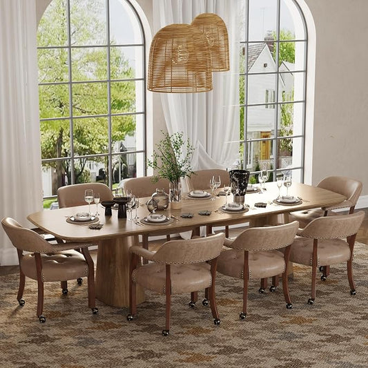 LEEMTORIG Set of 8 Dining Chairs with Casters and Arms, Rolling Dining Chairs with Wheels for Elderly, Ergonomic Wide Seat Wood Office Chair, 26" Dx25.2 W, Cherry Legs&Yellow Brown Fabric SY-1533-LT