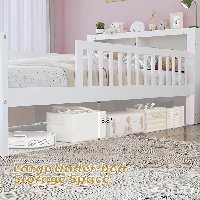 Kids Twin Size Bed Frame with Storage Drawers and Bookcase,Wood Twin Bed Frames for Kids,Twin Bed Frame with Headboard and Footboard for Boys Girls,No Box Spring Needed,White