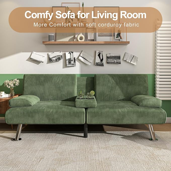 Shahoo Modern Upholstered Convertible Folding Futon Sofa Bed with Removable Armrests, Metal Legs, 2 Cup Holders for Living Room, Green