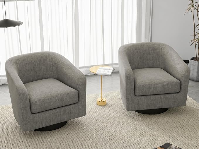 360° Swivel Barrel Accent Chair Upholstered Armchair, Modern Round Club Arm Chair Living Room Single Sofa Seating Bedroom Side Reading Seat in Fabric, Flax Khaki