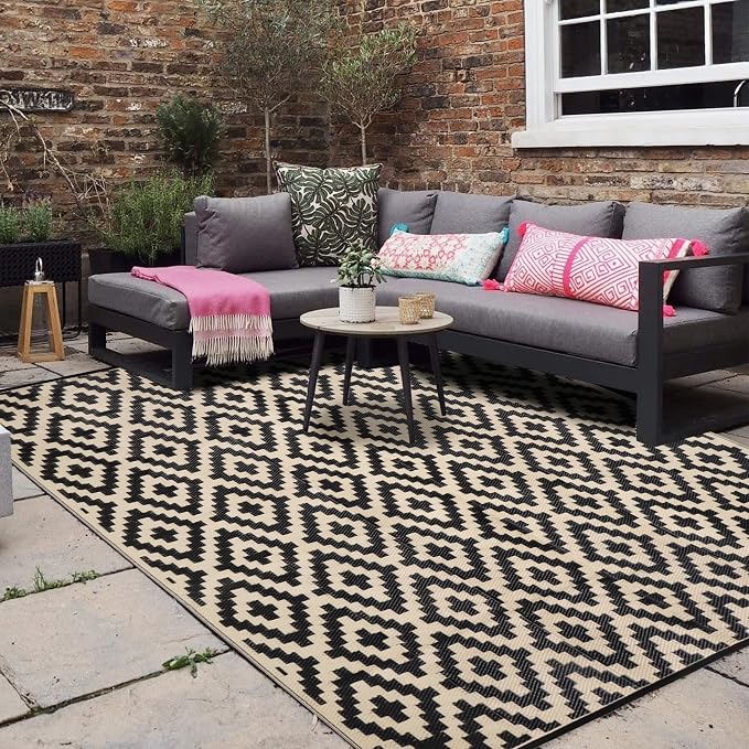 SAND MINE Waterproof Outdoor Rug 8x8 ft, Plastic Reversible Rug, Modern Area Rug, Large Floor Mat for Outdoors, RV, Patio, Backyard, Deck, Picnic, Beach, Camping, Black & Beige