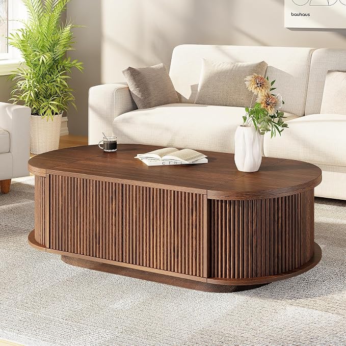 HSH 47" Oval Coffee Table with Storage, Walnut Coffee Table for Living Room | Modern Center Table with Press Type Door, Fluted Living Room Tables with 2 Flip-Top Hidden Lids, Wood Table