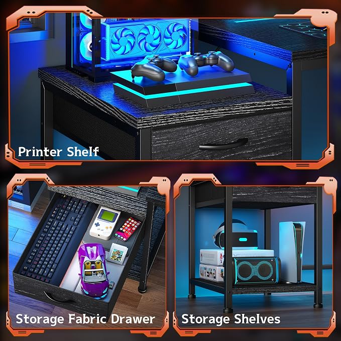 56 Inch Gaming Desk with Printer Shelf and LED Lights,Reversible Computer Desk with Drawers and Power Outlets,Study Table with Hooks for Headphone,Bags,Gamer Desk Work Desk for Teen Bedroom,Dorm