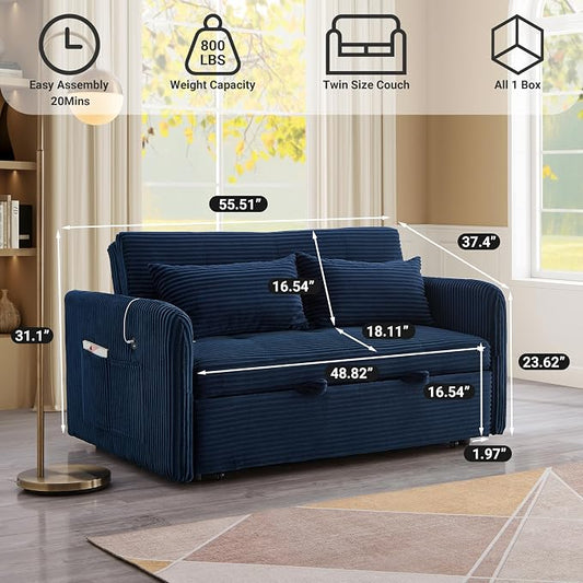 55.5" Corduroy Convertible Sofa Bed, Pull Out Sleeper Sofa Bed, Loveseat Couch with USB Charging Ports, 3 in 1 Convertible Sleeper Sofa Bed for Living Room, Apartment, Bedroom, RV, Blue