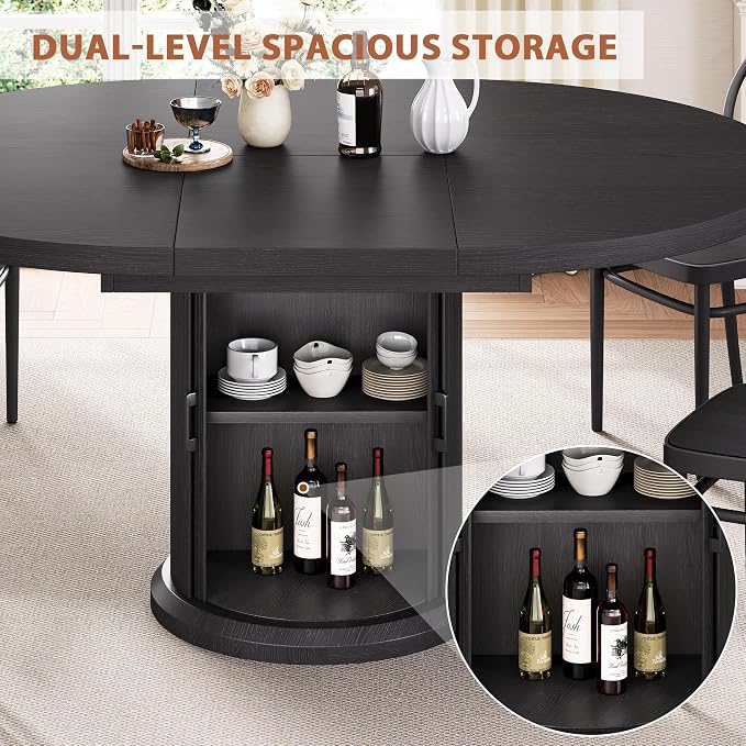 Jocoevol Extendable Round Kitchen Dining Room Table for 4-6 with 2-Tier Storage Shelf, 63'' Space Saving Expandable Wood Oval Circle Dinner Furniture with Pedestal Base(Black)