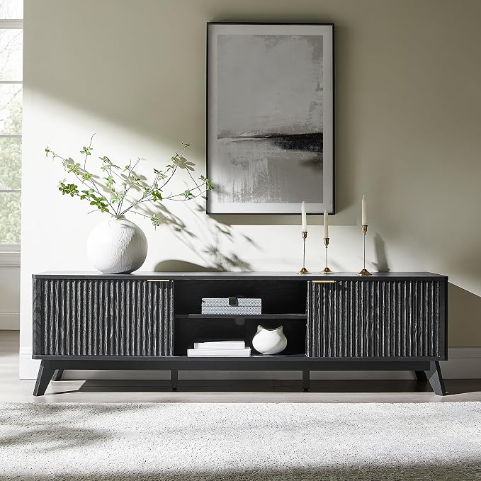 OKD 70" Mid Century Modern Fluted TV Stand, Entertainment Center, Sideboard, Media Console for Living Room with 2 Soft Close Door/Adjustable Shelves (Black Oak)
