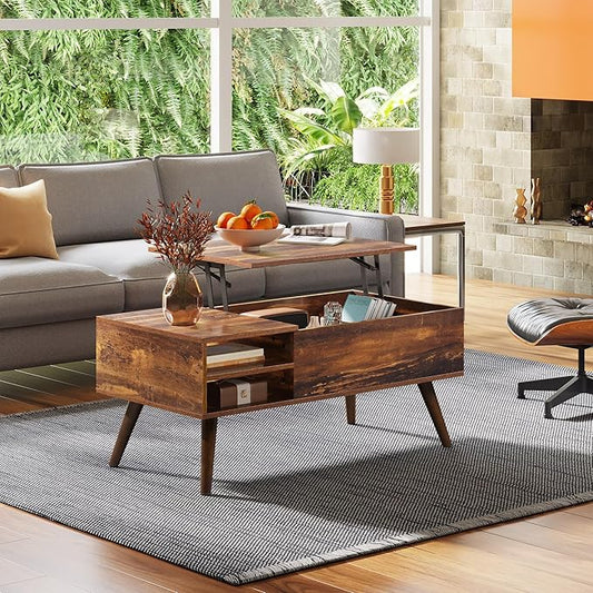 WLIVE Coffee Table with Lifting Top, Hidden Storage & Adjustable Shelf for Living Room Small Space, Multifunctional Rising Wooden Center Table, Mid Century Modern Tables for Home Dining Office, Brown