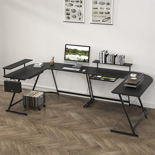 SHW 51 x 51 Inches Vista L-Shaped Desk with Monitor Stand and Drawer, Black