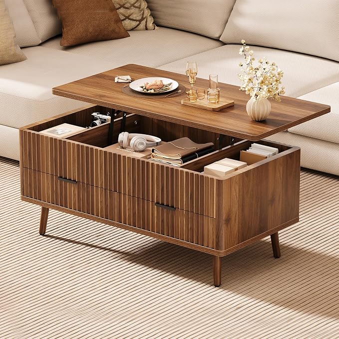 Lift Top Coffee Table with Storage - Fluted Wood Coffee Tables for Living Room with Drawers & Hidden Compartment, Mid Century Modern Square Large Center Table for Home Office Reception Walnut