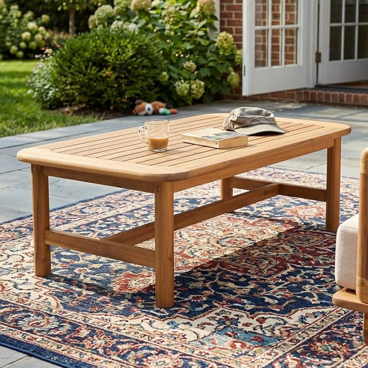 Merax 1 Piece Patio Furniture Set, All-Weather Acacia Wood Rectangular Coffee Table with Sturdy Legs, Outdoor Center Table for Porch, Lawn, Backyard, Balcony Teak