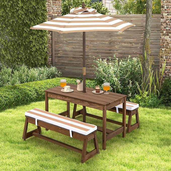 Costzon Kids Picnic Table, Toddler Wood Table & Chair Set w/Cushions, Height Adjustable Umbrella, Children Activity Table Outdoor Furniture Set for Patio, Garden, Backyard, Gift for Ages 3-8 (Coffee)