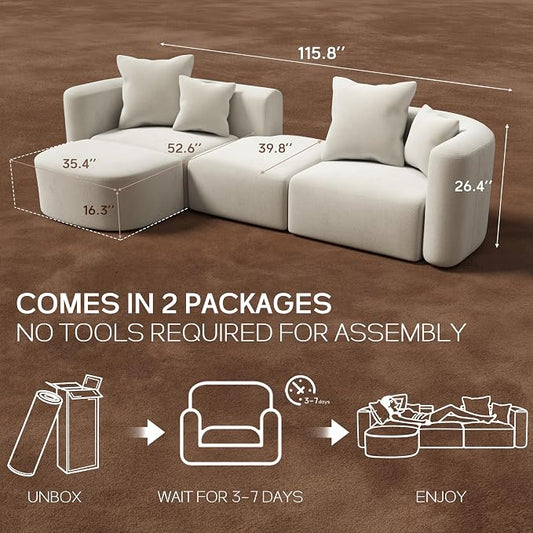 116" Modular Sectional Couches with Ottoman, Luxury Modern Curved Back Sofa, Minimalist Style Oversized 4 Seat Deep Comfy Convertible L Shape Boneless Couch for Living Room Office Studio Apartment