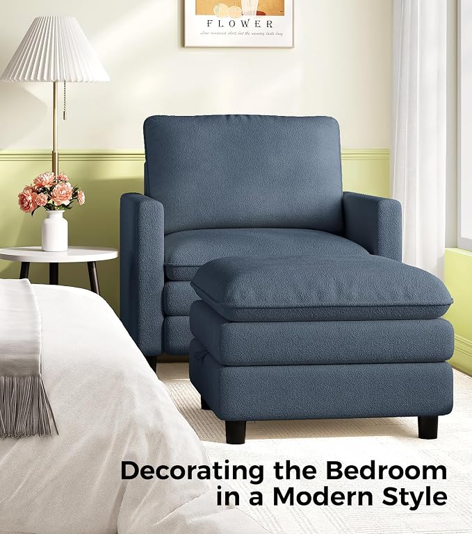 Welzona 3-Layers Cloud Accent Chair with Ottoman, 33" Comfy Reading Chair for Bedroom, Living Room, Tool-Free Assembly with Teddy Fabric Arm Chairs and Ottoman Set, Blue Grey, Removable Washable Cover