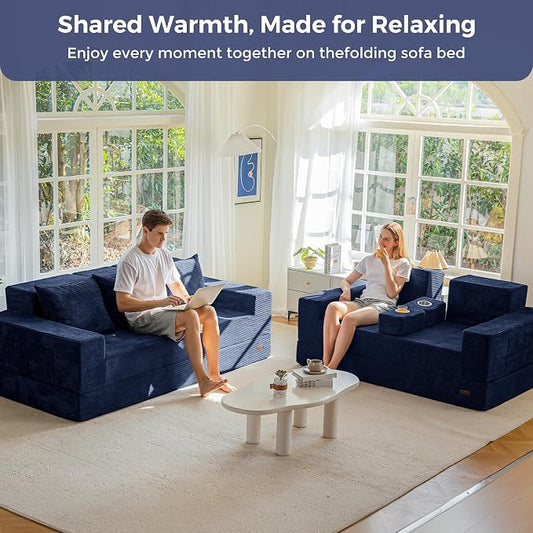 MAXYOYO Loveseat Sofa Bed, 64" Foldable Floor Sofa Couch in A Box with 2 Cup Holders, 4 in 1 Convertible Boneless Couch Folding Recliner Chair for Living Room, No Assembly Required, Navy