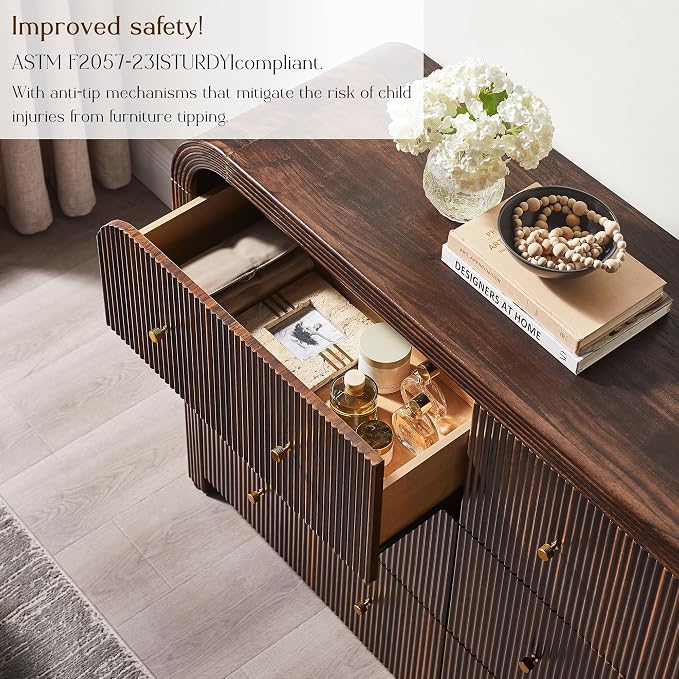T4TREAM Fluted Dresser for Bedroom with 6 Drawers, 54" Wide Modern Chest of Drawers with Thickened Curved Profile Design, Wood Dressers TV Stand for Bedroom, Living Room, Hallway, Dark Walnut