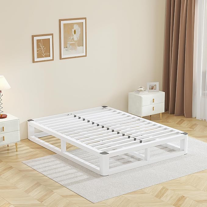 10 Inch Full Size Bed Frame with Rounded Corner and Squeak Free U-Slot Design, Metal Platform Bed Frames 6 Non-Slip Guards, 3500lbs Heavy Duty Steel Slat Support, No Box Spring Needed, White