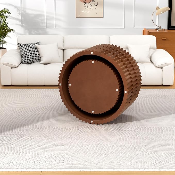 Round Nesting Coffee Table Set of 2 Modern Fluted Coffee Table Walnut Round End Table Small Side Table Circular Coffee Tables Circle Nested Coffee Tables for Living Room (Brown Large)