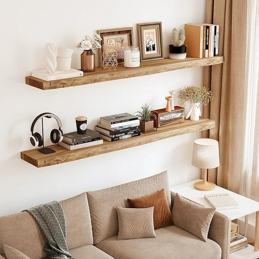 Vivelove Live Edge Floating Shelves 36 inch, Elm Wood Shelf with Invisible Bracket, Rustic Farmhouse Wall Shelf for Living Room Bedroom Bathroom Office Book, 36x8 - Set of 2 - Natural