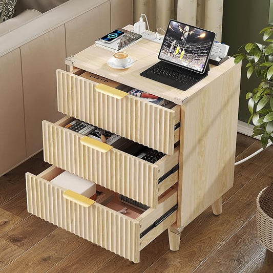 Lulive Wood Night Stand Set 2 Fluted Dresser for Bedroom 3 Drawers End Tables Nightstand with Charging Station, Storage Modern Side Table Natural