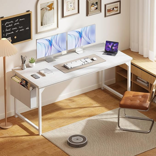 OLIXIS Computer Desk, 63 Inch Home Office Desks for Small Spaces, Writing Craft Study Gaming Table for Bedroom, Modern Computer Workstation with Storage Bag, All White