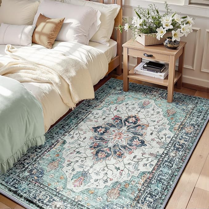 RELEANY Area Rugs 6'x9' Washable Non-Slip, Floral Vintage Distress Medallion Carpet for Living Room Bedroom Dining Room, Green Navy Blue White Red Teal