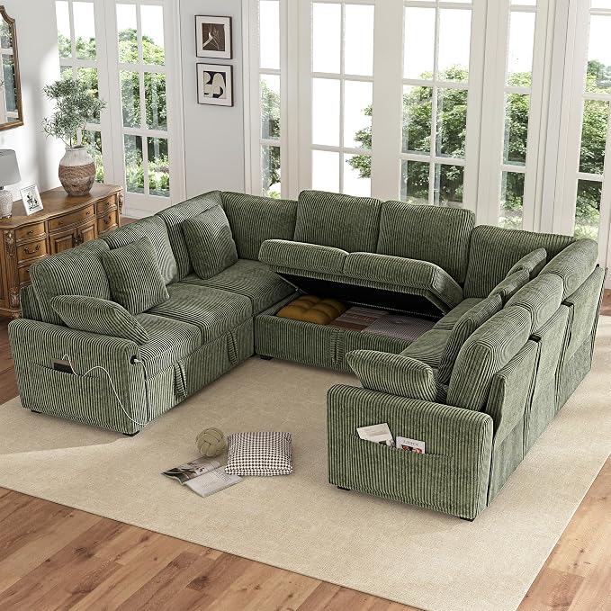 Hanherry Sectional Sofa with Pull Out Couch Bed,Corduroy Sleeper Sofa with 2 Seat Storage & USB Charging,Comfy Modular Couches for Living Room,Apartment