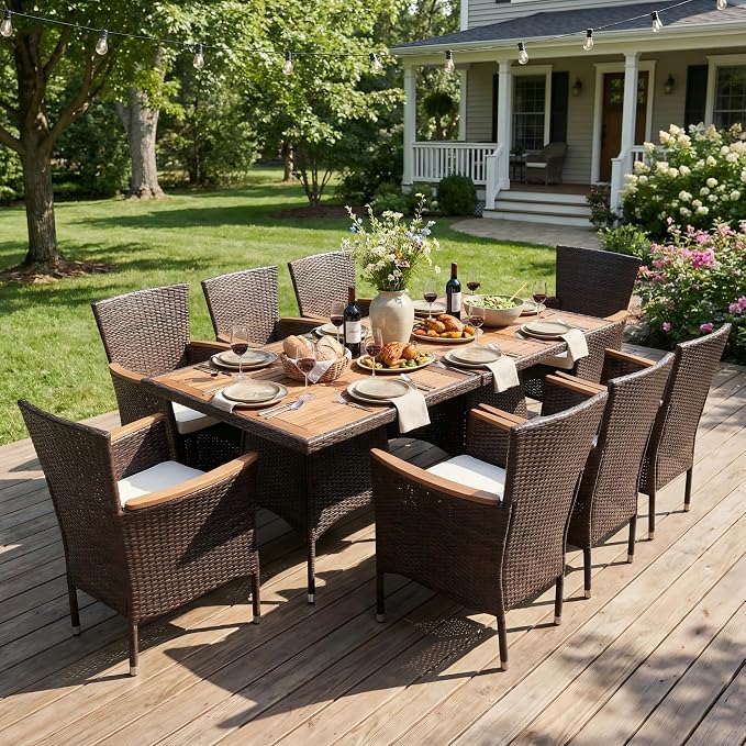Wisteria Lane 10-Pieces Outdoor Patio Table and Chairs, Rattan Patio Table Set with Acacia Wood Tabletop, Patio Dining Furniture Set for 8 with Removable Cushions for Deck Garden Backyard, Brown