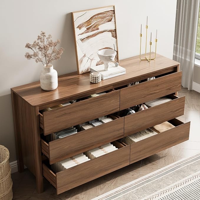 MAISONARIA Walnut 3-Piece Dresser Bedroom Set, 6 Drawers Dresser & 3 Drawer Nightstands with Hidden Handles, Wood Chest of Drawers for Bedroom, Living Room, Entryway