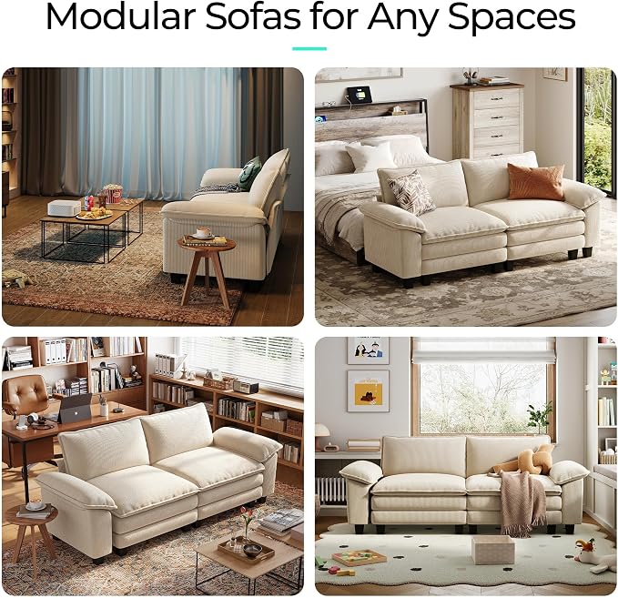 LINSY HOME 90" Modular Cloud Love Seat Sofa, Corduroy Soft Sectional Couch, Modern Comfy Love Seat, Perfect for Living Room, Apartment, Office, Beige