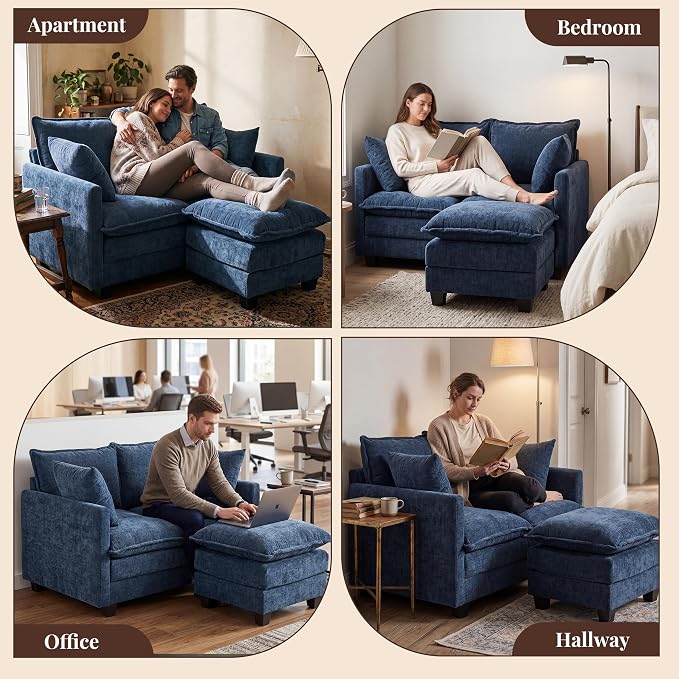 Loveseat Sofa with Ottoman, Cloud 3-Layer Cushion, 27" Deep Seat Love Seat Small Couch with 2 Pillows for Small Spaces, Bedroom, Apartment, Office, Living Room, in a Box, 50-Inch Blue