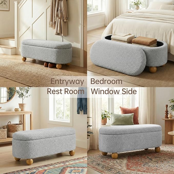 VKNOW 44.8" Storage Ottoman Bench End of Bed Bench, Thickened Upholstered Blanket Chest for Living Room, Entryway Bench with Cute Spherical Solid Wood Stool Legs for Bedroom, Grey