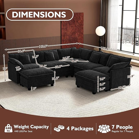 Ihanherry 114" V-Shaped Modern Sofa Modular Sectional Cloud Couch with 2 Ottoman, 7-Seat Chenille Deep Seat Sofa with Corner Section for Living Room, Bedroom and Apartment, Black