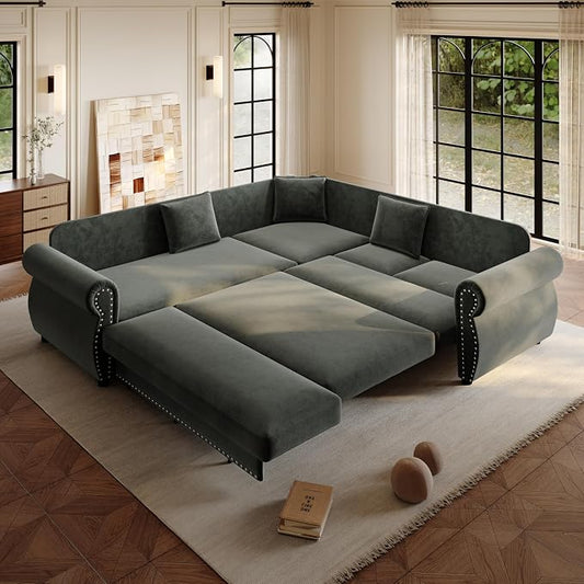 88.2" Sectional Sleeper Sofa with Pull Out Bed - Oversize L-Shaped Convertible Sleeper Couch Bed, Button Tufted Chesterfield Sofa, Chenille Vintage Couches for Living Room(4-Seater, Dark Grey)