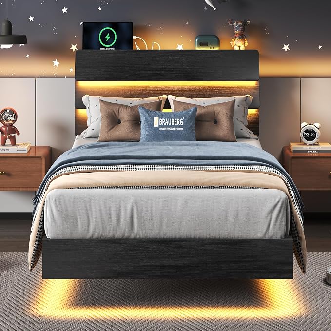 Feonase Twin Floating Bed Frame with Led Lights and Charging Station, Wood Twin Size Bed Frame with Storage Headboard, Heavy Duty Metal Slats, No Box Spring Needed, Easy Assembly, Black