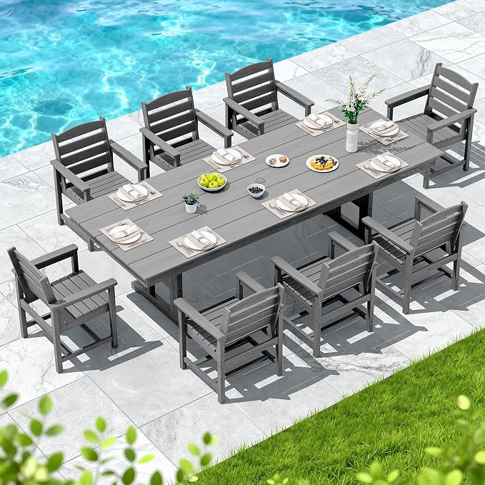 SERWALL 9 Piece 84" HDPE Outdoor Dining Set for 8 with Armchairs and Umbrella Hole, Gray