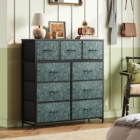 WLIVE 9 Drawer Dresser, Fabric Storage Tower for Bedroom, Hallway, Closet, Tall Chest Organizer Unit for Bedroom with Fabric Bins, Steel Frame, Wood Top, Easy Pull Handle, Vintage Green