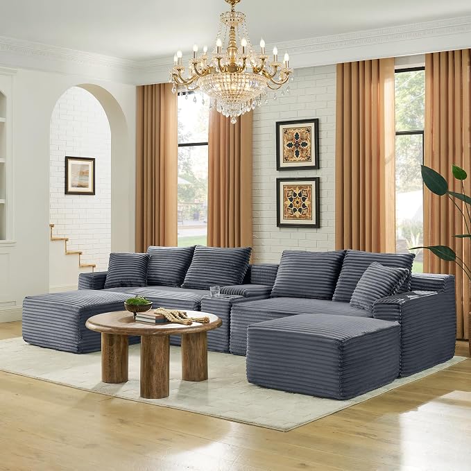 127" U-Shaped Cloud Sectional Couch Oversized Modular Compressed Boneless Sectional Sofa with Ottoman Chaise Lounges & Console, Plush Corduroy Boneless Symmetrical Sofa