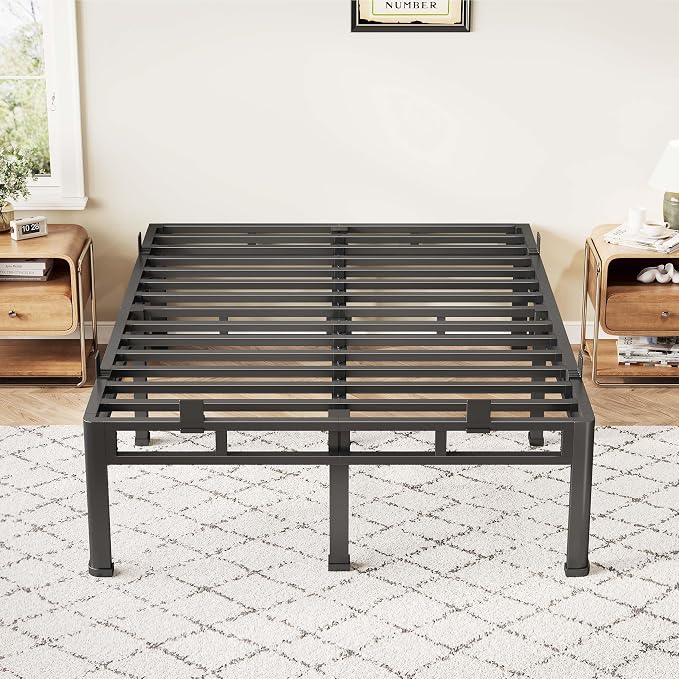 ROIL 14 Inch Full Size Bed Frame, Double Layer Metal Bed Frame with Round Corner Legs, 4000LBS Bed Frame & Box Spring 2 in 1 Platform with Headboard Holes Mattress Baffles, Noise-Free Easy Assembly