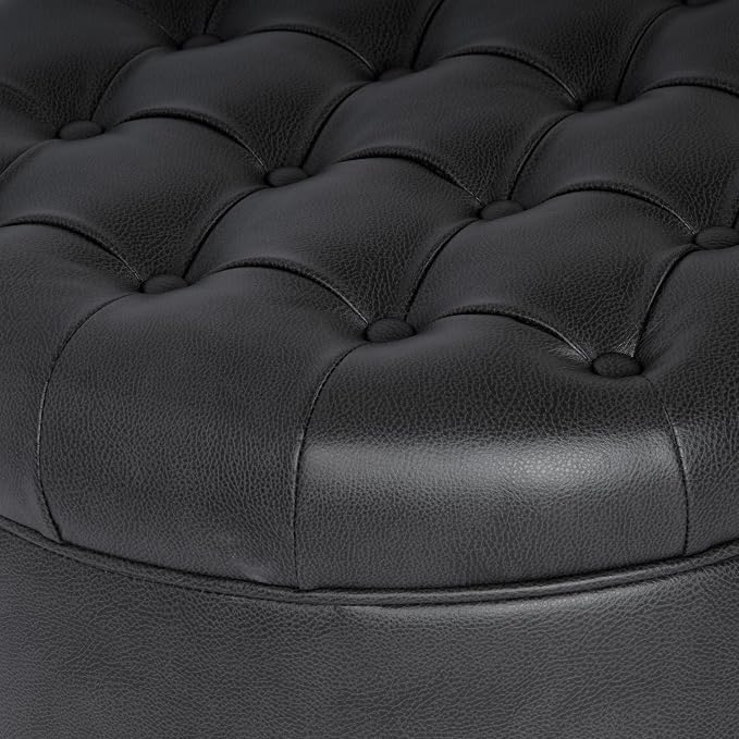 HomePop 25" Button Tufted Round Storage Ottoman - Black Faux Leather