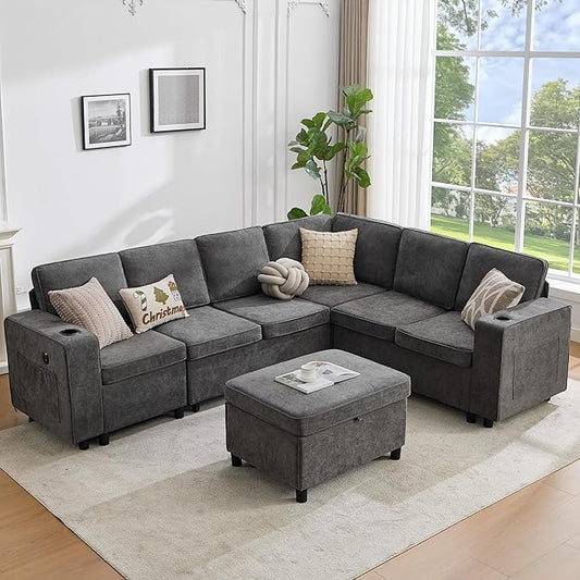 107 Inch Modular Sectional Sofa with Pull Out Bed, 7 Seat U Shaped Sectional Sleeper Sofa with Storage Ottoman, USB Port & 6 Pillows, Sectional Couches for Living Room & Apartment, Modular Couch, Grey
