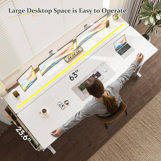 DurayLoly 63" Office Desk with LED Lights,Computer White Desk with Storage Bag&Headphone Hook,Spacious Under-Desktop for Study Writing Work Gaming Desk,Sturdy Metal Frame,Bedroom,Rustic Brown